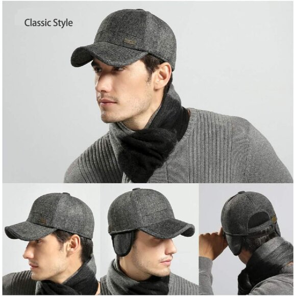 🆕 Men Brown Baseball Cap Winter Warm Wool Tweed Peaked Fold Earmuff Jacket Hat - Picture 2 of 6